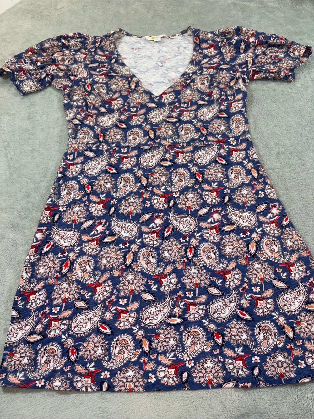 Boden Paisley V-Neck Short Puff Sleeve Jersey Mini Dress Blue Multi 2P